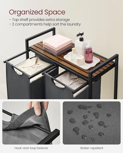 Image of VASAGLE Laundry Hamper, Laundry Basket, Laundry Sorter with 2 Pull-Out and Removable Bags, Shelf, Metal Frame, 2 x 12.1 Gallons (46 L), 28.8 x 13 x 28.4 Inches, Slate Gray and Rustic Brown UBLH201G01