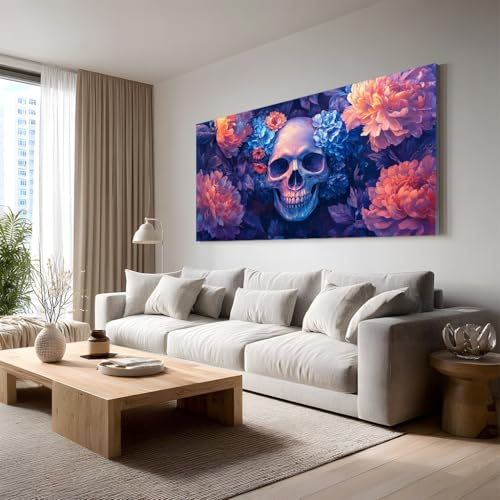 Grand tableau peinture bohème fleur sauvage et crâne gothique sur toile de 50x100cm