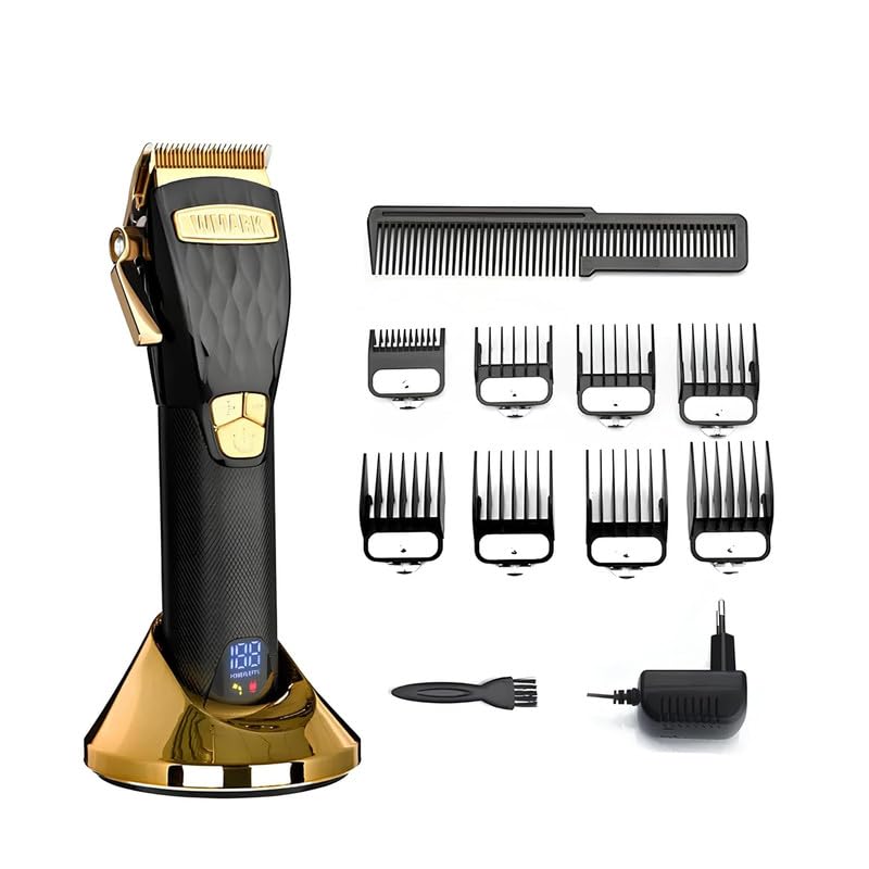 Image of WMARK Ultra Premium Professional 5 Speed Setting Hair Clipper Digital Display 440C 9CR18 Blade Powerful Magnetic Motor 8 Guide Comb Taper Lever Adjustment Charging Pod & Stand Runtime 240 mn, Model 19