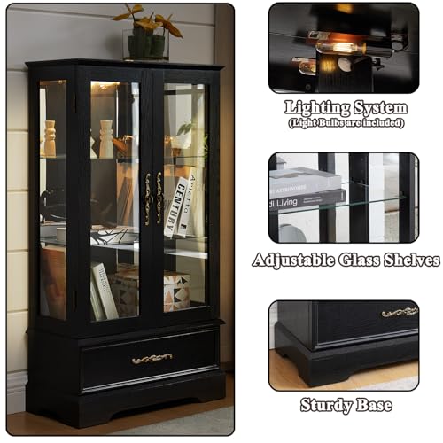 Image of 47 inch H Lighted Curio Cabinet Display Case, Glass Cabinet with Adjustable Shelves,Tempered Glass Door and Drawer, Wooden Curio Cabinet with Mirrored Back Pane for Living Room (Black)