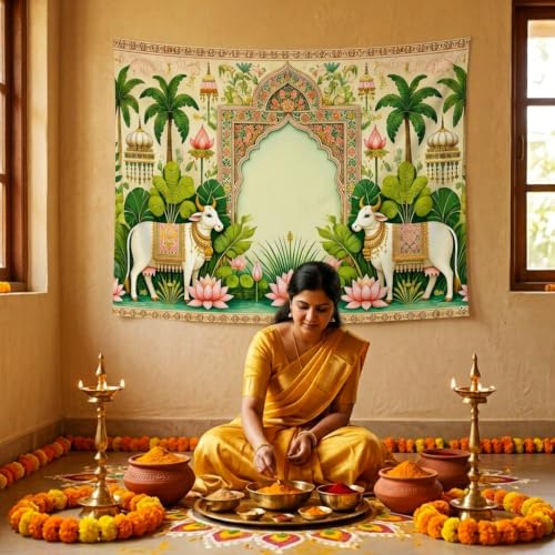 Image of HASTHIP Floral Backdrop Cloth Polyester Background with Traditional Print Colorful Arch Pattern Home Wall Hanging for Pooja Haldi Ceremony Festival Home Decoration