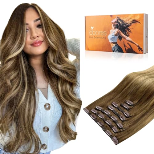 Image of DOORES Remy Human Hair Extensions Clip in, Medium Brown Highlighted Dirty Blonde 16 Inch 7pcs 120g, Clip in Hair Extensions Real Natural Hair Extensions Straight Thick
