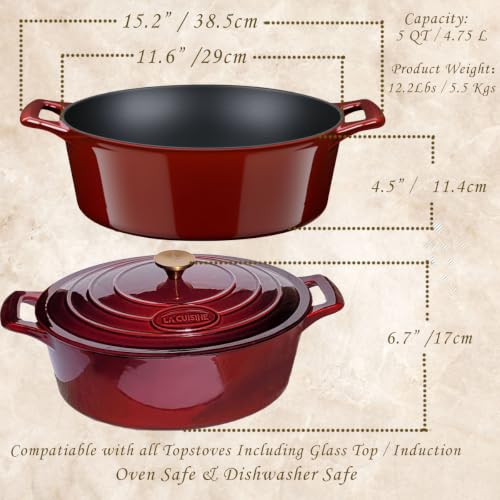 Image of La Cuisine Enameled Cast Iron Oval Dutch Oven Casserole Dish Pot with Lid 5 QT Internal Matt Black Enamel Coating, Cranberry, Gold-Plated Stainless Steel Lid Handle, Oven Safe