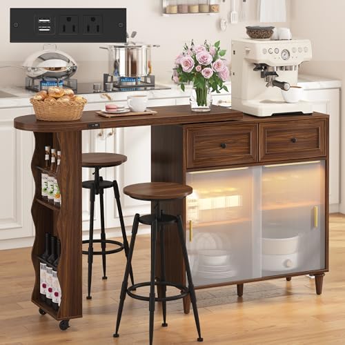 Image of 69 inch Kitchen Island with 360 Rotating Table,LED Lighting, Adjustable Shelves, Storage Cabinet & Power Outlet - Walnut Finish Extendable Dining Table for Kitchen, Dining Room, Bar