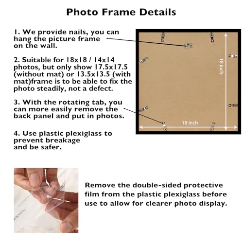 Image of JCJMY 18x18 Picture Frame Black with 14x14 Mat, Display Photo 14x14 with Mat or 18 x 18 Without Mat, Wall Hanging Large 18x18 Poster Frame with Shatter Resistant Plexiglass, Black
