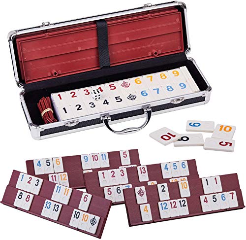 Doublefan Rummy Game Set Large Size With 106 Tiles And Four 2 Tier Playing Racks in Aluminum Case Rummy Cube Games Set Travel/Camping Choice (2-6 Players)