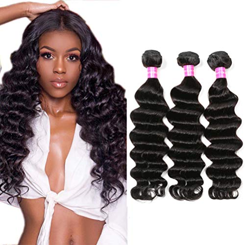 Brazilian Human Hair Loose Deep Wave Bundles 100% Virgin Human Hair Loose Deep Curly Weave 3 Bundles Natural Color (20 22 24 Inch)