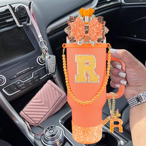Hpebl 9PCS Orange for Stanley Cup Accessories Set Bling Initials Bow Charms for Stanley Decorations 30/40 Oz Tumbler Accessories Including Bow Straw Topper, Handle Strap, Spill Stopper（Letter R） - image 6