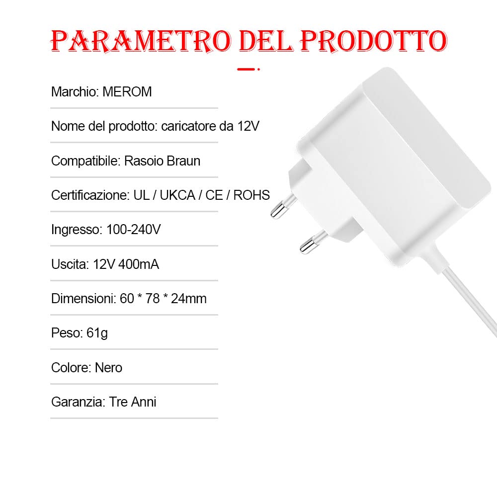 MEROM Caricatore Rasoio Cavo di Alimentatore Ricambio 12V 0.4A per Braun Silkèpil Serie épil 9 Flex épil 9 épil 5 épil 7 5376 7781 Caricabatterie Caricabatteria