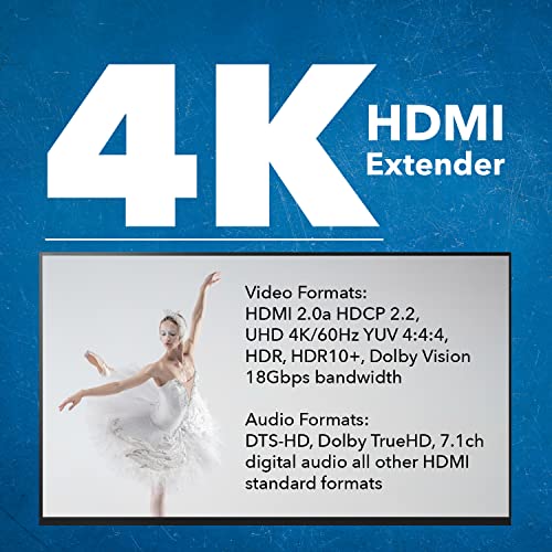 Image of OREI 4K HDMI Extender Over Ethernet, Extender Balun Over Cat6 /Cat7 with Audio Extractor Optical IR up to 230 Feet - Loop Out - 4K@60hz Full UltraHD Signal - Low Latency - Full Support | HDMI Over Cat6, HDMI Extender 4K - 18Gbps, HDR10+, Dolby Vision, HLG, LPCM 7.1, DTS-HD Master, Bi-directional PoC