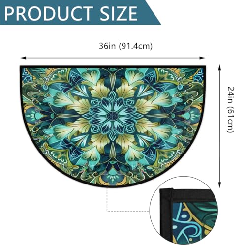 Image of cfpolar Half Round Door Mat Turquoise Mandala Flower Non-Slip Semi Circle Area Rug Washable Half Moon Hearth Rugs for Indoor Outdoor Bathroom Kitchen Patio Runner Mat Laundry Room Home Decoration