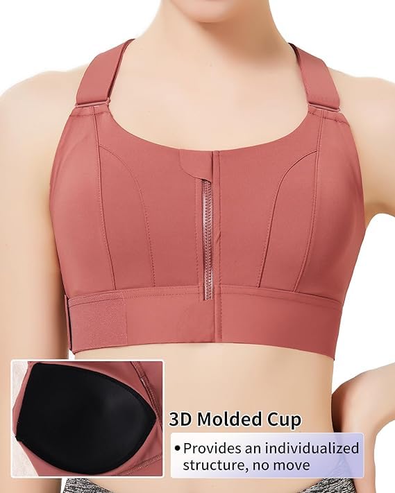 Image of PLUMBURY Women's Polyester Blend Padded Front Zip Plus Size Full Coverage High Support Velcro Adjustable Sports Bra For Workout Gym