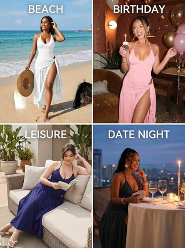 Image of Two Piece Skirt Set Women Sexy Halter Backless Bodysuit and Wrap Tied High Split Summer Maxi Skirt Set