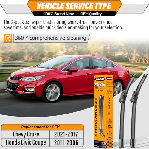 Image of AUTOBOO Windshield Wiper Blade Replacement for Honda Civic Coupe 2006-2011 | Fits Civic Coupe 2006-2011,Chevy Cruze 2017-2021, 28 inch+24 inch front, 2-pack, OEM quality, easy install