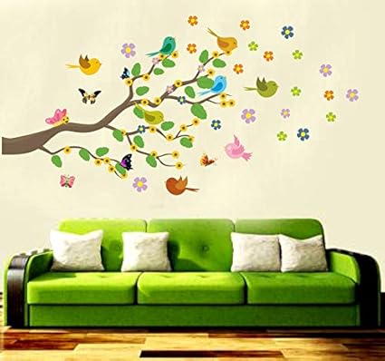 GLOBAL GRAPHICS Tree Birds Wall Sticker Graphics Tree with Birds and Flowers Wall Sticker Home (size122x61cm)