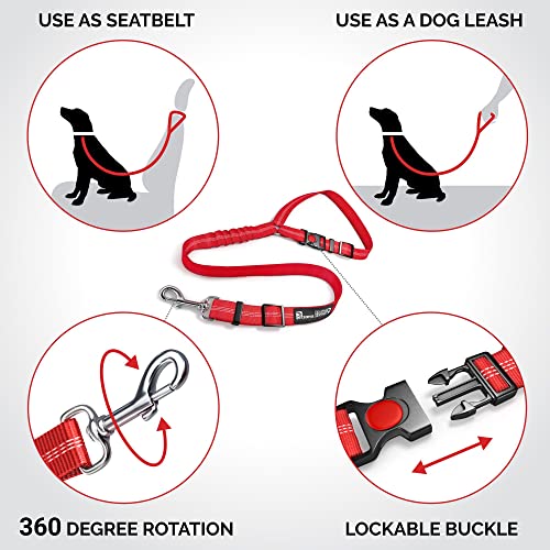 Dog Seat Belt Harness For Car - 2-In-1 Leash And Restraint Secures To Headrest. Adjustable Bungee, Strong, Durable, 360 Degree Swivel Attach Won't Twist, Reflective, Easy To Use (Red, 1Pack) #TOP4