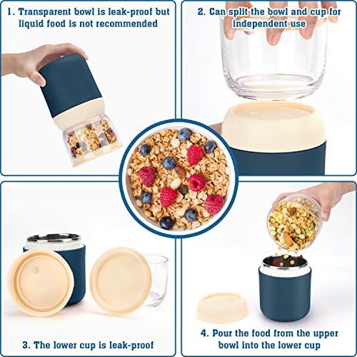 Foto von Müslibecher to go Joghurtbecher to go Becher Lunchpot 400ml+300ml Essensbehälter Auslaufsicherer Müsli to go Becher Edelstahl Joghurtbecher für Müsli Becher mit Löffel Thermos Essensbehälter Blau