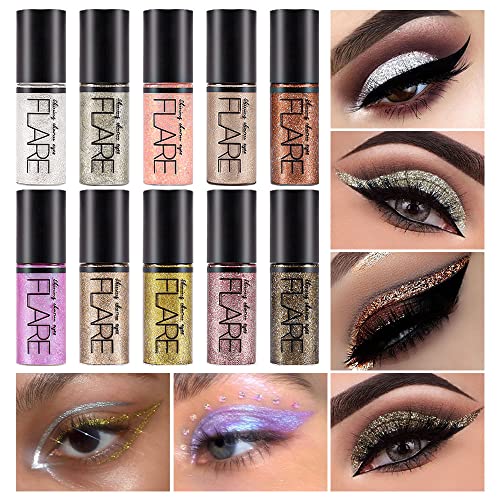 Image of 10Pcs Colorful Liquid Glitter Eyeshadow & Eyeliner Sticks Kit - Korean Shimmer Metallic Eye Makeup, Quick-Drying & Waterproof, Vegan & Cruelty-Free, Silver Brown Pink Gold Sparkle sombras de ojos