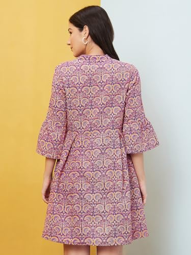Image of Globus Women Red Allover Ethnic Motifs Print Mandarin Collar A-Line Dress-3640070001