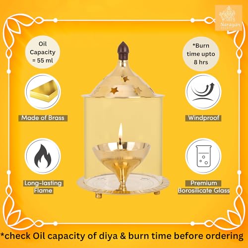 Image of akhand Jyoti with Oil Lamp(Large Size ,Height : 7 inch,Burning 8 hrs) for Home, Office, Puja, Mandir, Decorative Lantern Diya with Glass /Shade Cover for Prayer (Large)