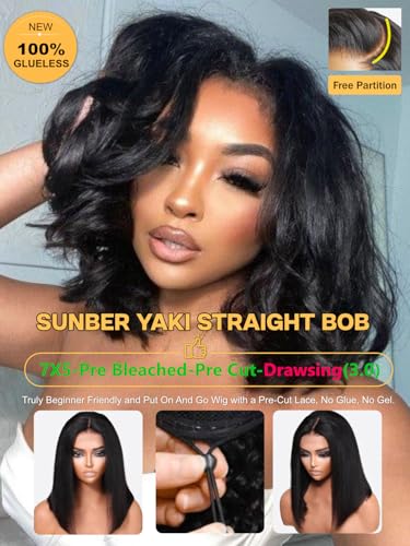 Image of Sunber Glueless Yaki Straight Bob Wigs Pre Plucked Pre Bleached 12inch | Bye Bye Knots Human Hair Wig Natural Black Pre Cut 7x5 Lace 150% Density Put On Go Pre Bleached Invisible Knots