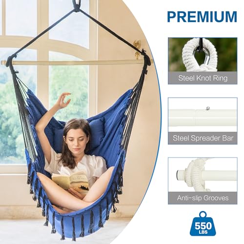 PNAEUT-Hammock-Chair-XXL-Size-Hanging-Chair-Swing-Chair-Max-550-Lbs-Patented-Headrest-2-Cushions-Large-Macrame-with-Pocket-Steel-Spreader-Hardware-Kits-and-Bag-for-Indoor-Outdoor-Navy