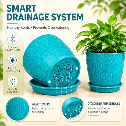 Image of SWAPKART (Pack of 5 6 Inch Plastic Flower Pots for Indoor & Outdoor Terrace,Garden Plants Decorative Planters with Drainage Holes & Matching Saucers Durable & Lightweight (Peacock)