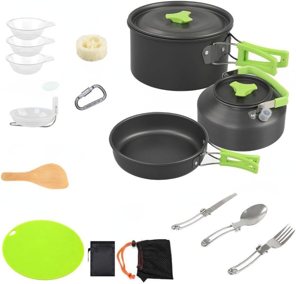 16-Piece Camping Cookware Set, Anodized Aluminum Pot Pan Kettle with Cutlery & Storage Bags, Flatware
