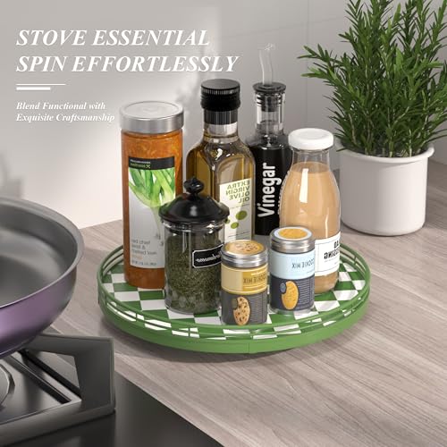 Image of Premium Rubber Wood Lazy Susan Turntable, Green White Checkerboard Decorative Serving Tray, Hand-Welded Metal Railing, Stable Rotating Organizer for Dining Table, Kitchen Counter, Coffee Table Decor
