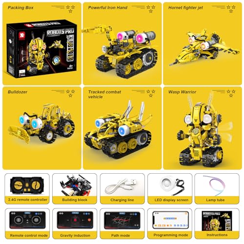 Image of 5-in-1 STEM RC Robot Building Blocks Kit, Educational Toys Age 6-12 | Remote & app controlled rechargeable motorized, 673pcs, LED light & sound, programming coding - birthday gift 7-10 yr