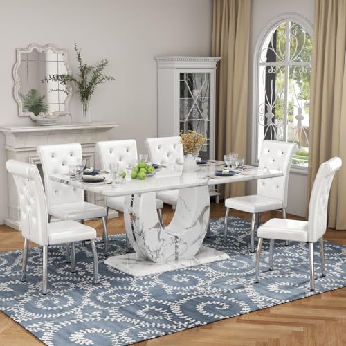 Modern Faux Marble Dining Table Set for 6 63 White Rectangular Kitchen Table with Elegant U-Shaped Pedestal Base & 6 Tufted Upholstered High-Back Chairs Luxury 7-Piece Dining Room Furniture Set