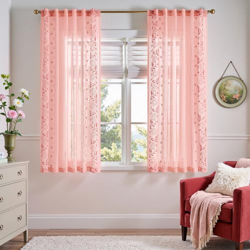 Image of jinchan Pink Sheer Curtains 63 Inch, Embroidered Floral, Light Filtering, 2 Panels for Girls Room & Nursery, Bedroom, Dorm, Living Room