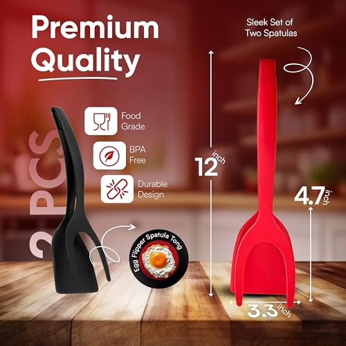 ZONZEST Egg Flipper Spatula Tongs (Set of 2) – Non-Stick 2-in-1 Grip & Flip Kitchen Tongs for Pancakes, Fish, Eggs, and More – Heat Resistant Cooking Tool (Black + Red)