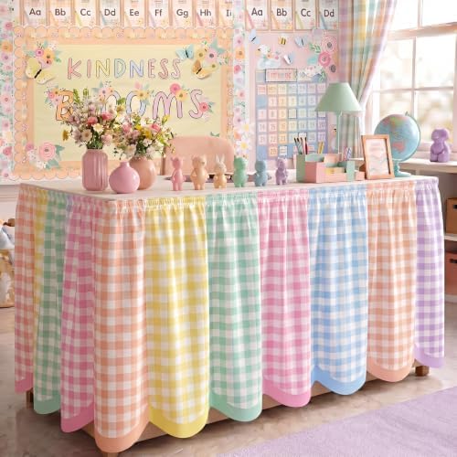 Breling 14 ft Teacher Desk Skirts Pastel Gingham Table Skirts for Teacher Desk Kidney Shaped Scalloped Ruffled Teachers Table Skirt Back to School Supplies for Classroom Preschool Office Decor - 1