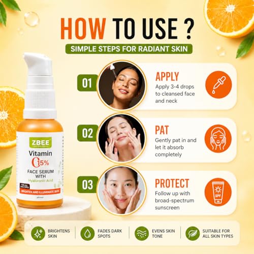 Image of ZBEE 15% Vitamin C Face Serum for Glowing Skin with Hyaluronic Acid & Pro Vitamin B5 - Anti Pigmentation & Dark Spot Removal Serum for Men & Women - 30ml