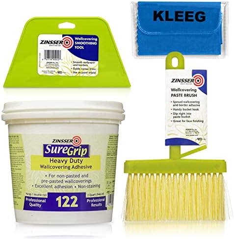 Zinsser SureGrip 122 Heavy Duty Wallcovering Adhesive, Wallpaper Glue + Wallpaper Paste Brush + Wallpaper Smoothing Tool, Wallpaper Tools Kit, Wall Paper Adhesive, Vinyl Wallcovering + KLEEG Packet