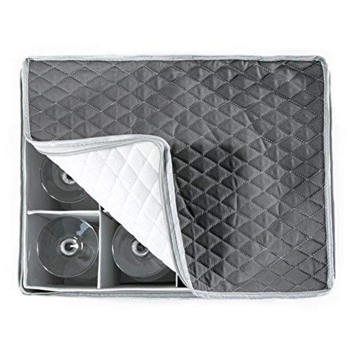 Stemware Storage Case - Quilted Fabric Container In Gray Measuring 16" X 13" X 10"H - Inside Compartment Is 4" X 4" - Perfect Storage Case For White And Red Wine Beer Mugs #TOP3