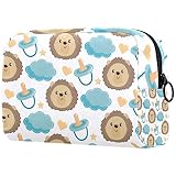 Adorable trousse de maquillage de voyage avec motif tête de lion avec couche imprimé nuage pour femmes et filles, petite trousse de maquillage avec fermeture éclair, organiseur de toilette