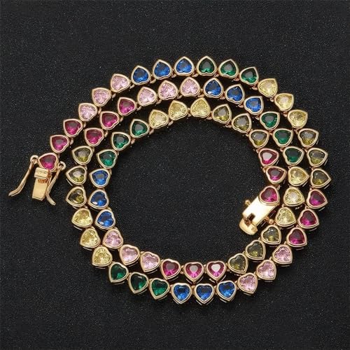 Rainbow Heart Tennis Chain Necklace, 18 Inch Iced Out CZ Crystal Colorful Choker, Trendy Hip Hop Jewelry Gift for Women3
