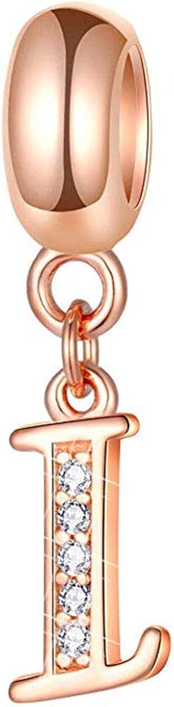 925 Sterling Silver Rose Gold Charm Alphabet Charm Love Charm Anniversary Charm Birthday Charm for Pandora Charm Bracelet (I)