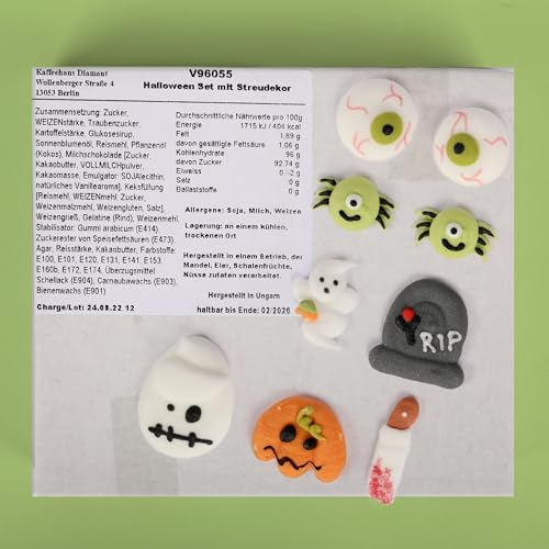 Halloween Zuckerstreussel-Set, essbare Halloween-Deko mit Zuckerfiguren wie Augen, Geister, Grabstein und Spinnen, 10 Figuren & 1x Streudeko, für Cupcakes, Kuchen und als Deko für Torten