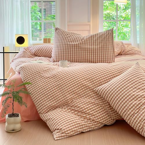 Image of LifeTB Pink Gingham Comforter Set Queen Modern Style Blush Grid Comforter Set 3 Pieces Vintage Plaid Checkered Comforter with 2 Pillowcases Fluffy Soft Farmhouse Gingham Bedding Set Queen Size