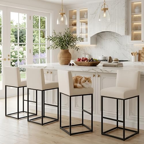 Image of HNY Modern Counter Height Bar Stools Set of 4, Linen Upholstered Kitchen Island Stools with Backrest, 31 Inch Bar Stools with Black Metal Frame, Cream