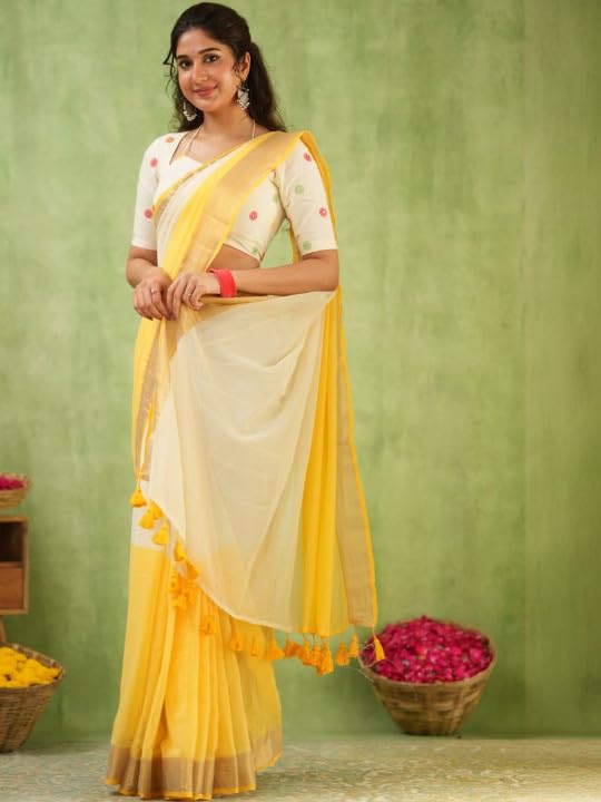 Image of Women's Cotton Silk Handloom Plain Solid Golden Zari Border Saree with Unstitched Blouse Piece | 5.5 Meter Saree + 0.8 Meter Blouse Piece | Traditional Ethnic Wear