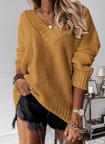 Image of Womens Loose Sweaters Sexy V Neck Long Sleeve Solid Knitted Jumper Pullover Sweatshirt Tops