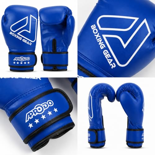 Image of APRODO Beginner Boxing Gloves for Kids & Adults - Men & Women Training, Sparring & Heavy Bag Gloves - Durable PU Leather with Wrist Support (Blue /White, 6oz)