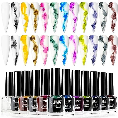 MIZHSE Marble Nail Polish, Marble Ink for Nails Gel Blooming Gel Nails Polish 12 Colors Nail Ink Magic Watercolor Pink Blue Purple Blossom Gels for Manicure Varnish Art Flower Design