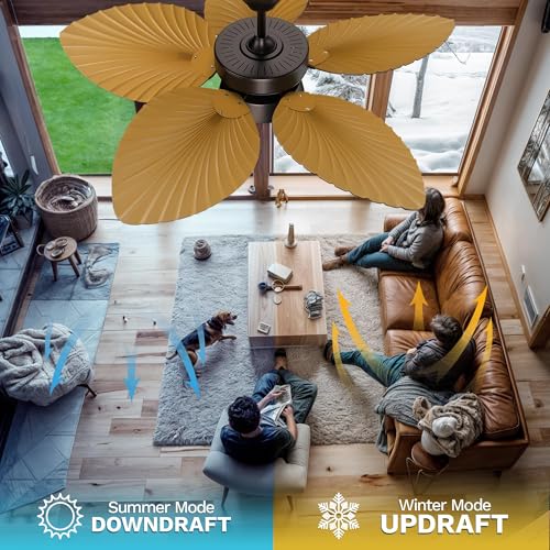 DWVO 52" Tropical Ceiling Fan with Light & Remote, LED Tri-Color Temperature, 5 Blade Ceiling Fans Reversible 6 Speeds w/Quiet DC Motor, 6'' & 12'' Downrods for Bedroom, Living Room