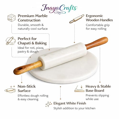 Image of Marble Chakla Belan Set, Non Stick Roti Maker Board with Rolling Pin with Wooden Handle, Durable Kitchen Tool, White, 10 Inch Board and 14 Inch Rolling Pin