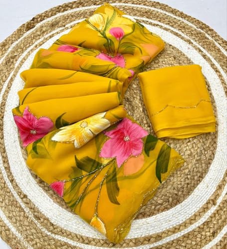Image of Arkia Women's Floral Hand Embroidered Hand Painted Saree with Blouse Piece